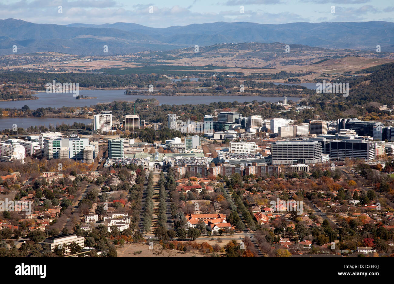 Elevated aerial view of Canberra's CBD and residential housing Canberra Australia Stock Photo