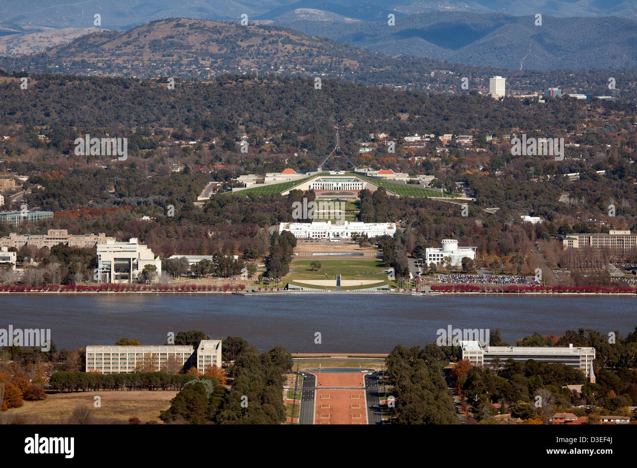 Lake Burley Griffin, Provisional Parliament House and Parliament House on capital Hill Canberra Australia Stock Photo