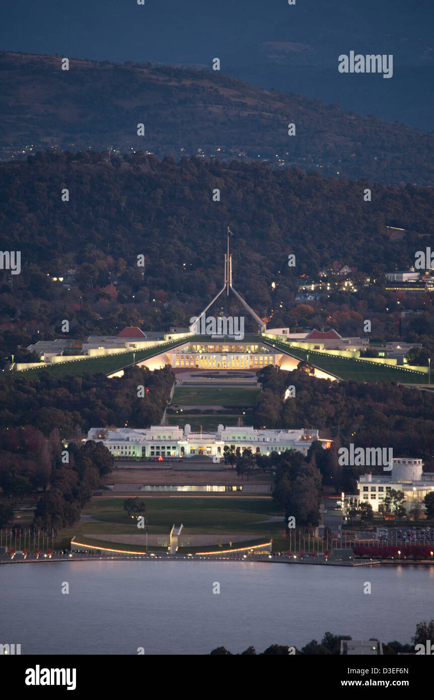 Twilight aerial elevated view over Lake Burley Griffin of Australia's Federal Parliament House Canberra Australia Stock Photo