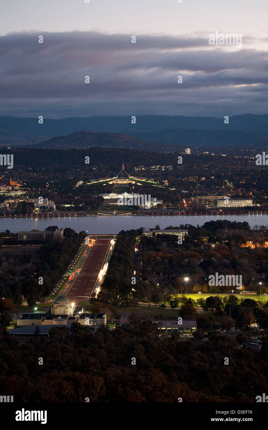 Elevated sunset view of Anzac Parade, Lake Burley Griffin and Parliament House on capital Hill -Canberra Australia Stock Photo