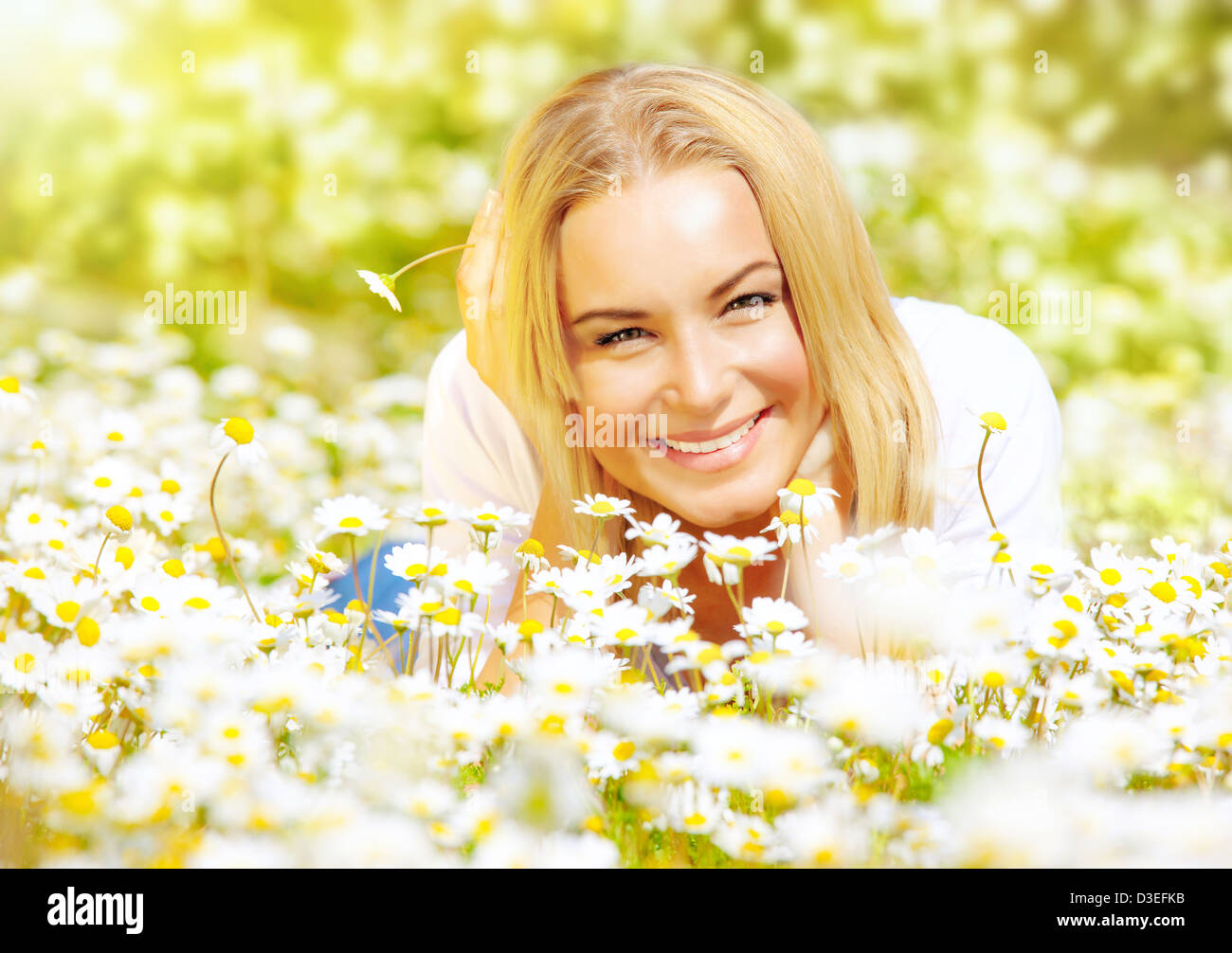 Picture Of Pretty Woman Lying Down On Chamomile Field Happy Female