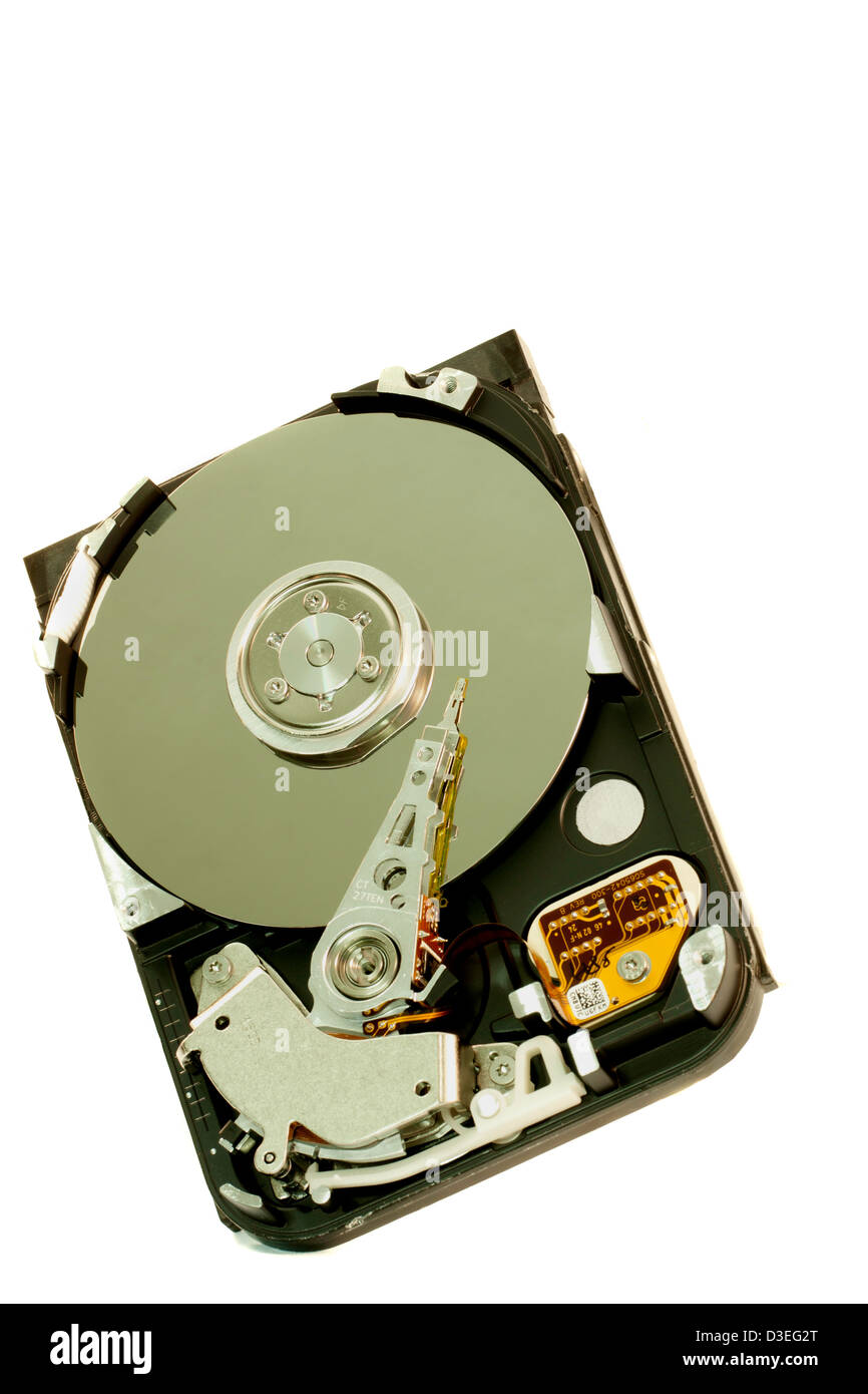 close view detail of the inside of a computer harddisk isolated on a ...