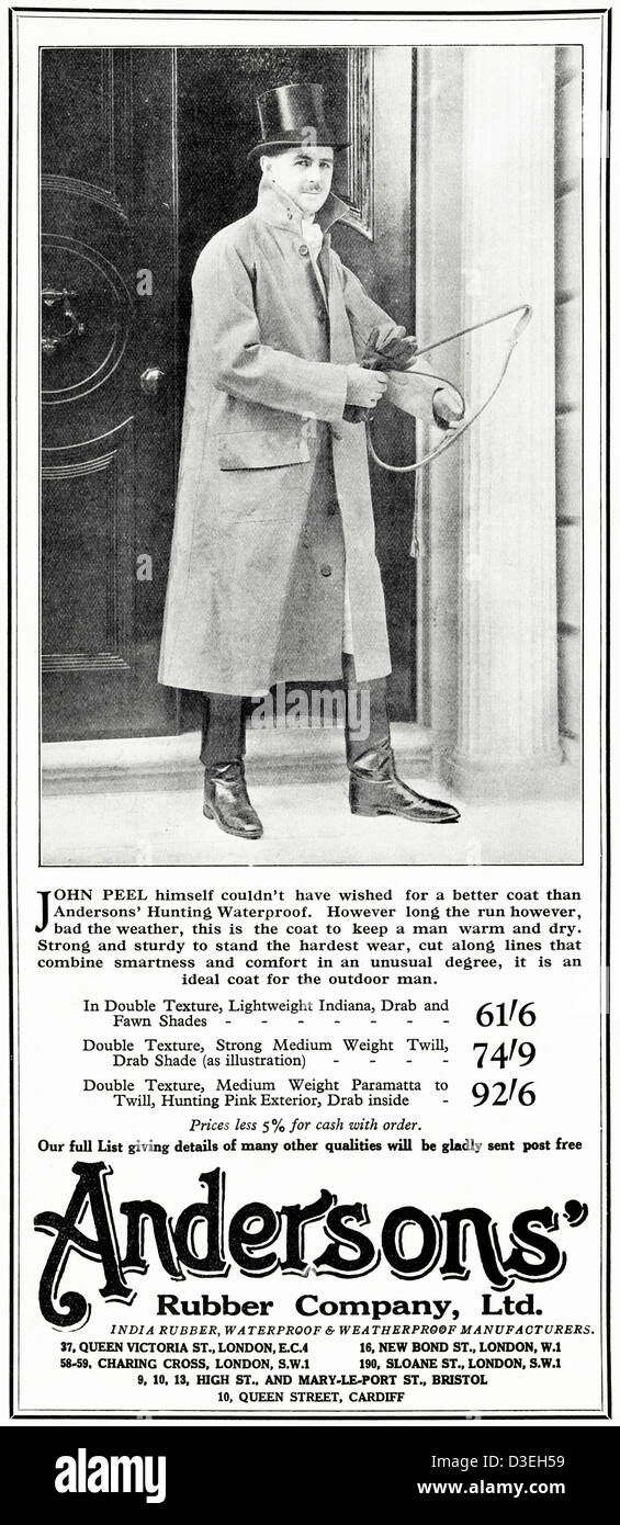 Original 1920s vintage print advertisement from English country gentleman's newspaper advertising Anderson's Rubber Company of London waterproof coat for fox hunting Stock Photo
