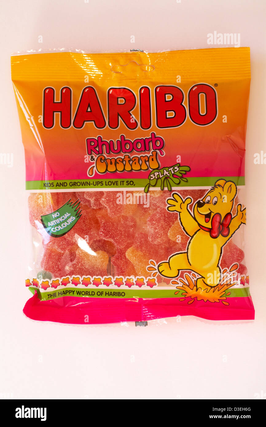 Packet of Haribo Rhubarb & Custard splats isolated on white background Stock Photo