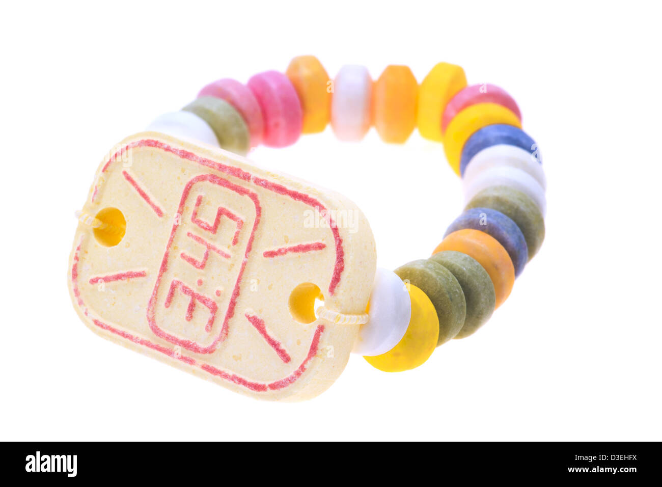 A sweet edible candy wrist watch - studio shot with a shallow depth of field and white background Stock Photo