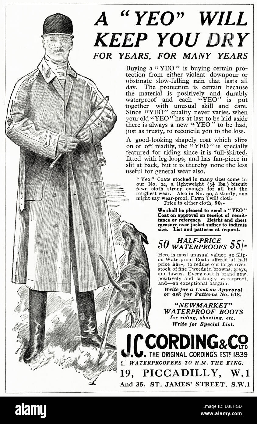 Original 1920s vintage print advertisement from English country gentleman's newspaper advertising J.C. Cording of London Yeo waterproof coat for fox hunting Stock Photo