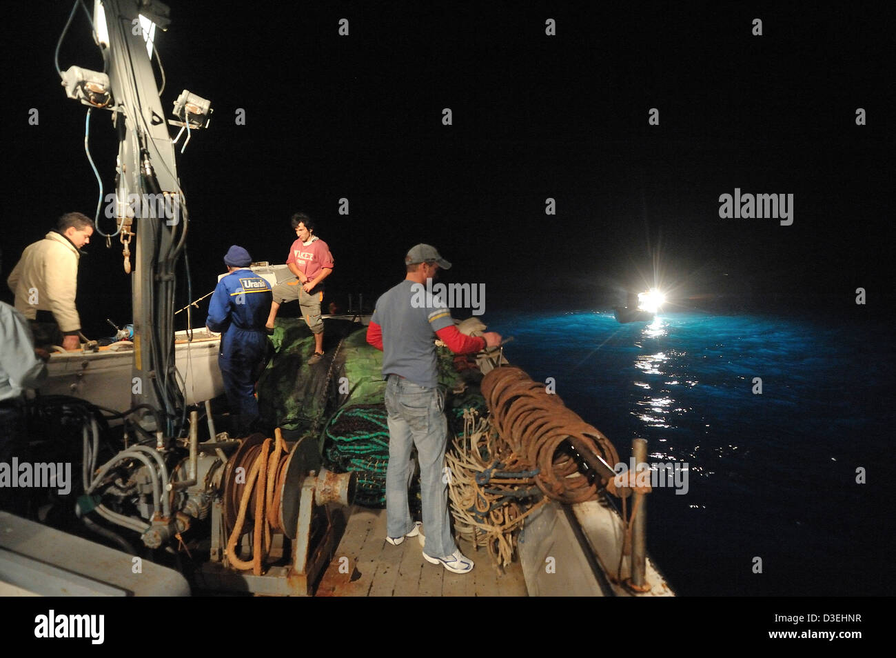 Lampara fishing is a tipe of fishing for capture anchovies and sardines . Sestri Levante (Italy). Stock Photo