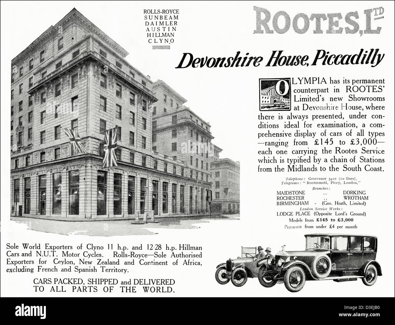 Original 1920s vintage print advertisement from English country gentleman's newspaper advertising Rootes car showrooms at Devonshire House Piccadilly London Stock Photo