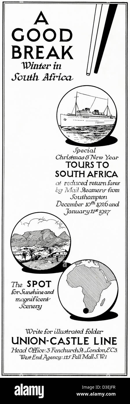 Original 1920s vintage print advertisement from English country gentleman's newspaper advertising winter holidays in South Africa by Union-Castle Line Stock Photo