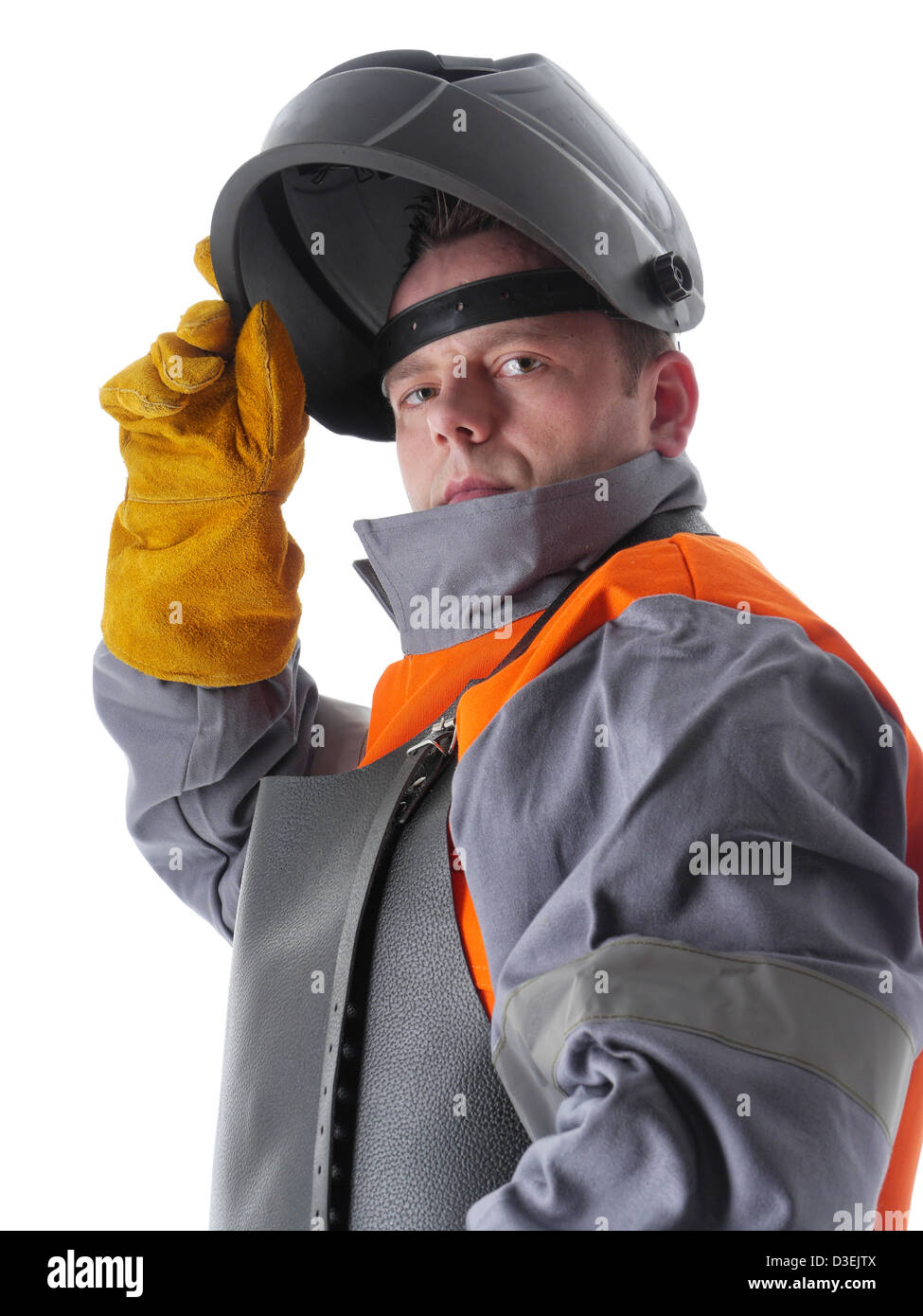 Portrait of welder wearing protective suit and welding hood on white Stock Photo