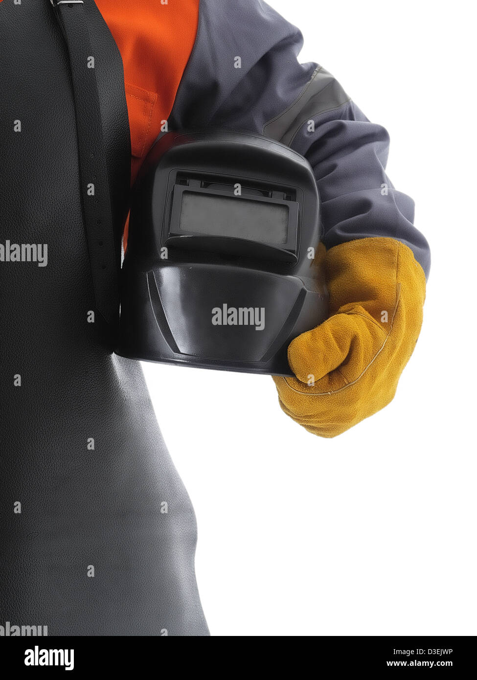 Body shot of welder wearing protective welding leather apron and glove holding welding hood over white Stock Photo