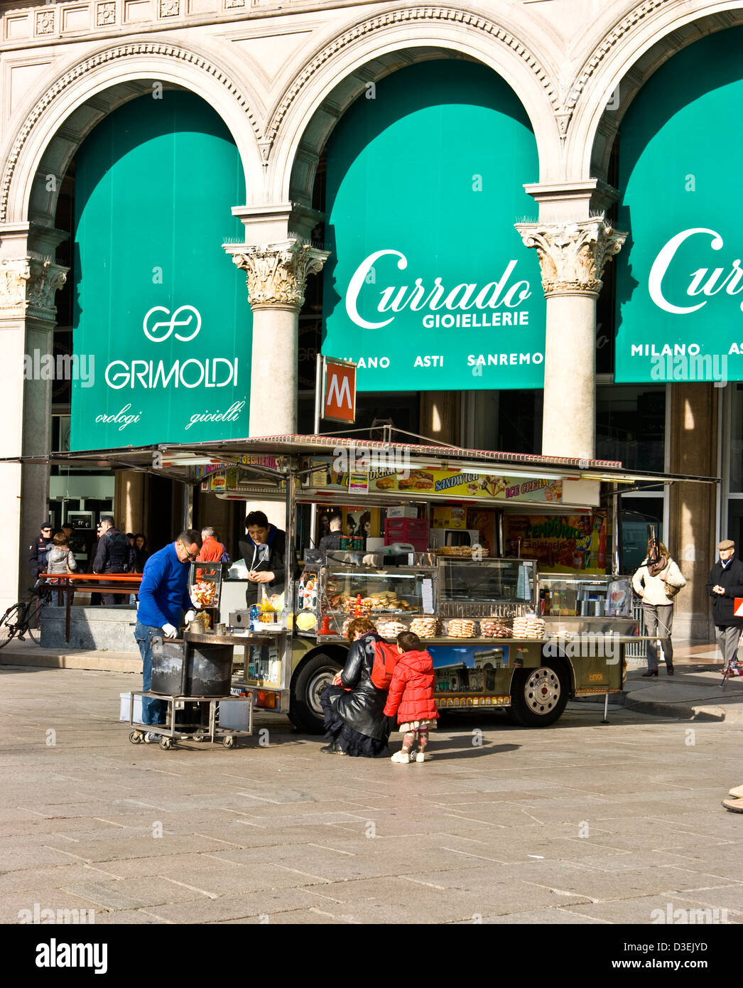 Mobile food vendor in elegant Piazza Del Duomo Milan Lombardy Italy Europe Stock Photo