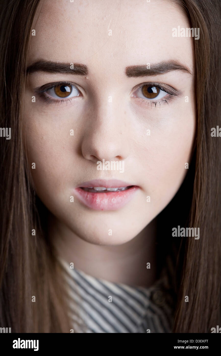 Portrait of fifteen year old girl with a cold sore. Stock Photo