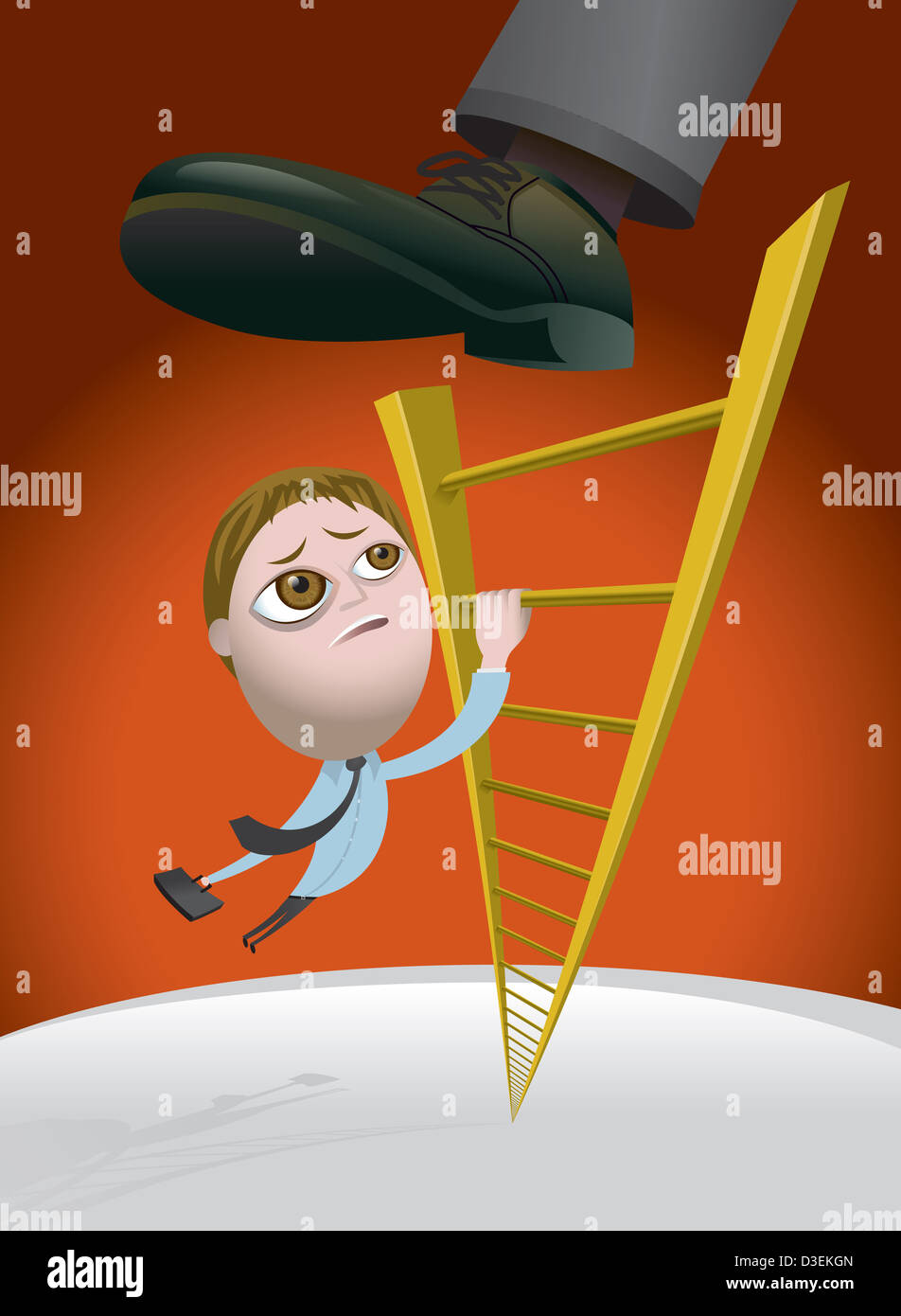 Business man climbing the corporate ladder and getting kicked back down