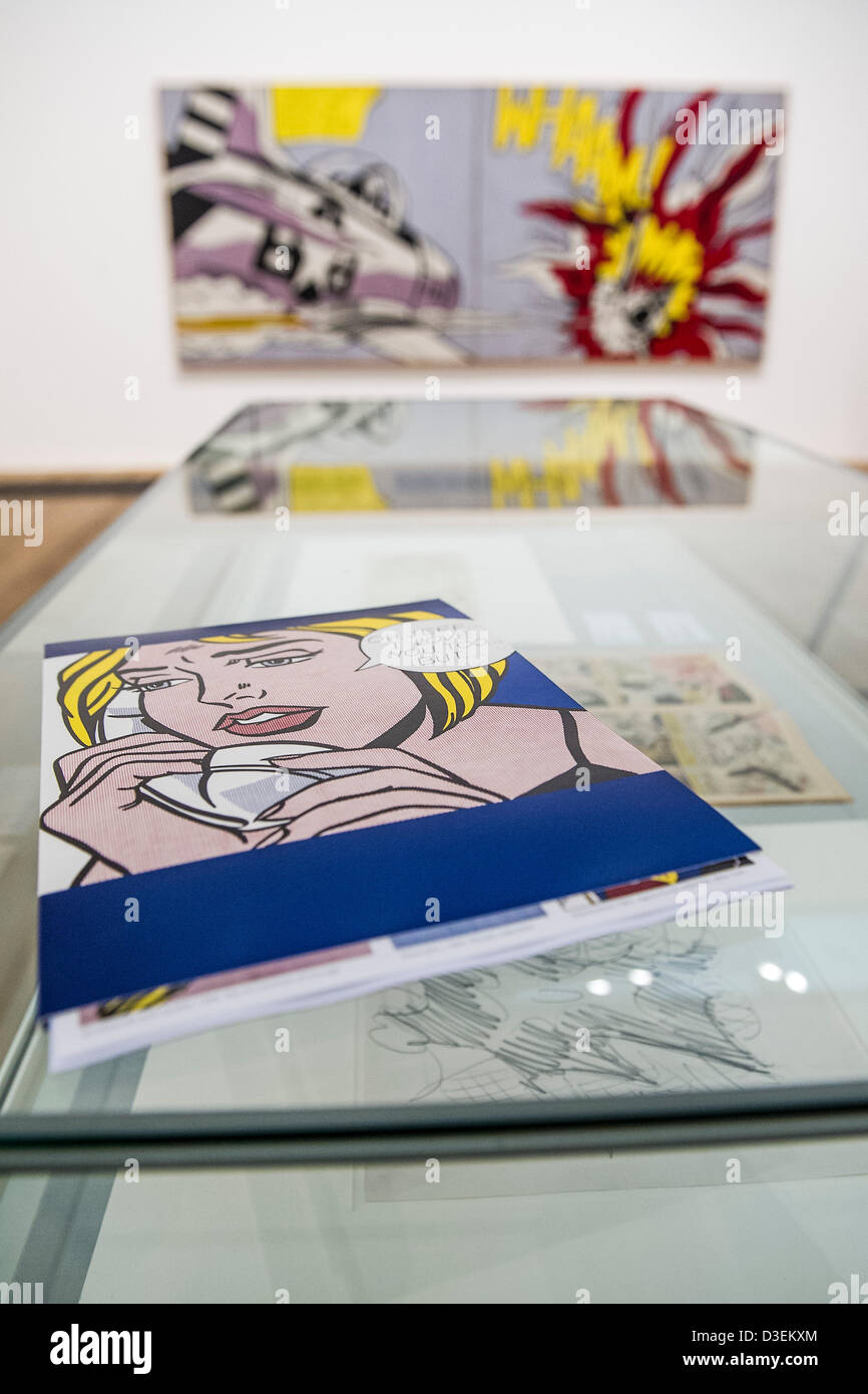 Tate Modern, London, UK. 18 February 2013. Whaam, inspired by a comic book. Roy Lichtenstein, one of the most famous figures in Pop Art, is exhibited at the Tate Modern. This is the first major retrospective of Lichtenstein’s work in twenty years and brings together over 100 of the artist's most iconic paintings. The show will run from 21 February to 27 May 2013 and is sponsored by Bank of America, Merrill Lynch. Tate Modern, London, UK 18 February 2013. Credit: Buy Bell/Alamy Live News Stock Photo