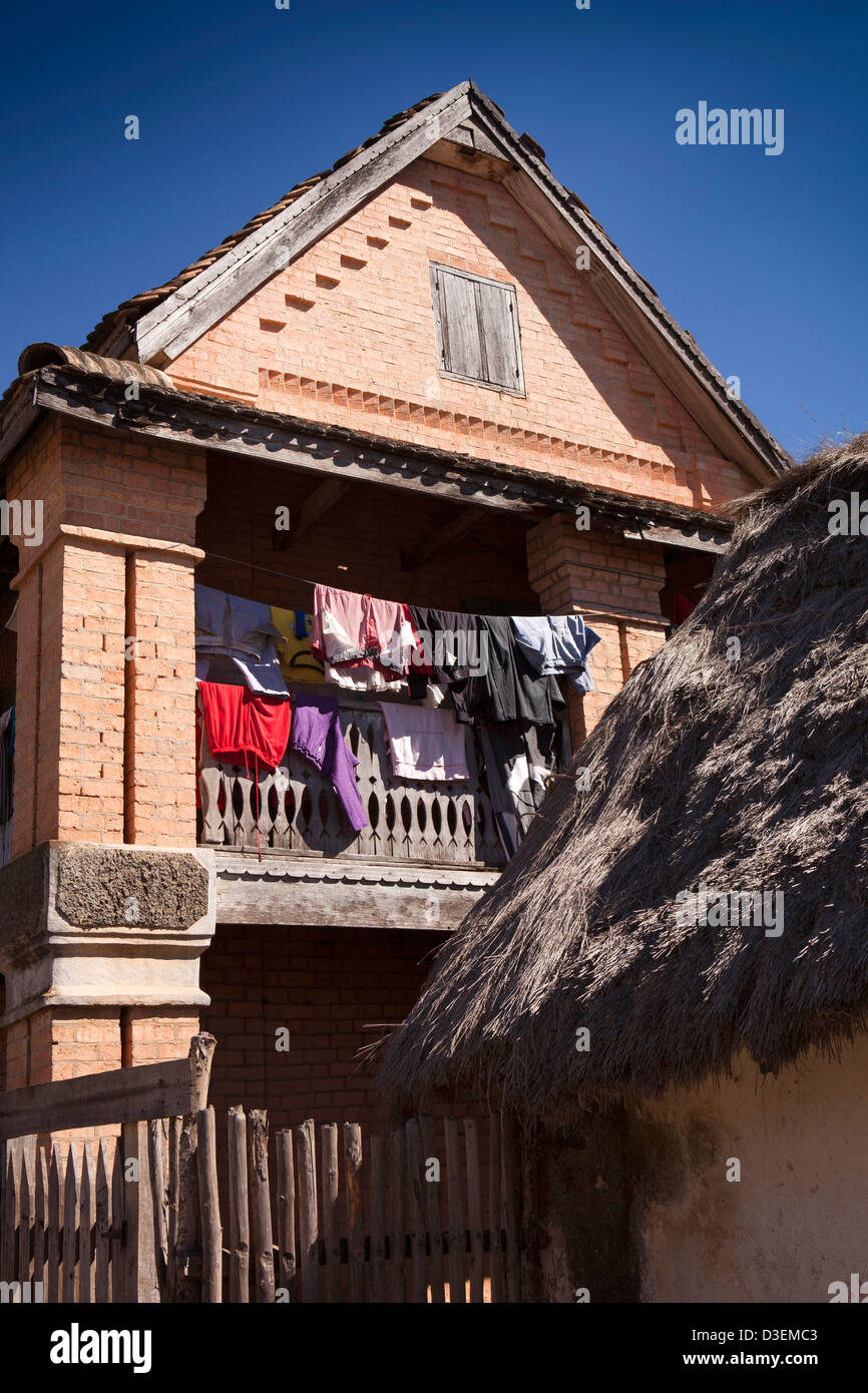 Madagascar, Ambositra, Sandrandahy washing hanging on balcony of village house Stock Photo