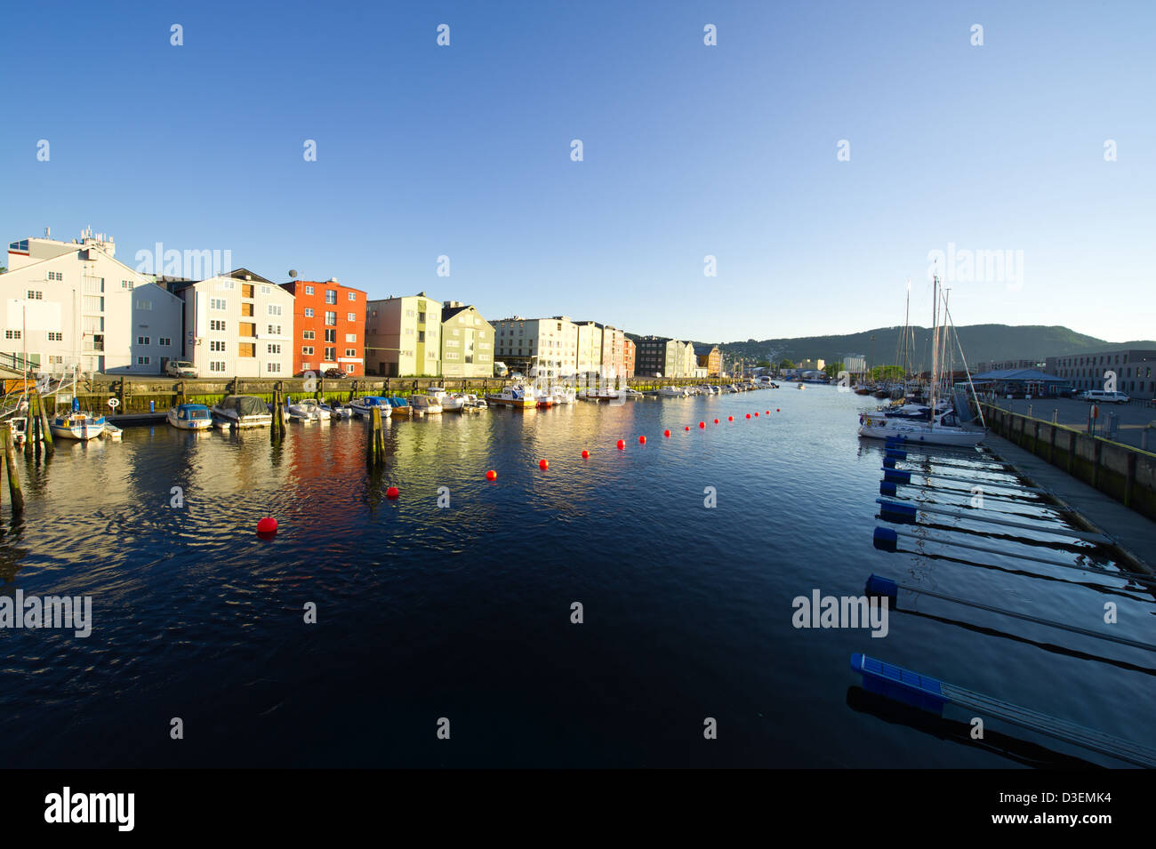 Evening quay with vessels moored Trondheim. Norway Stock Photo