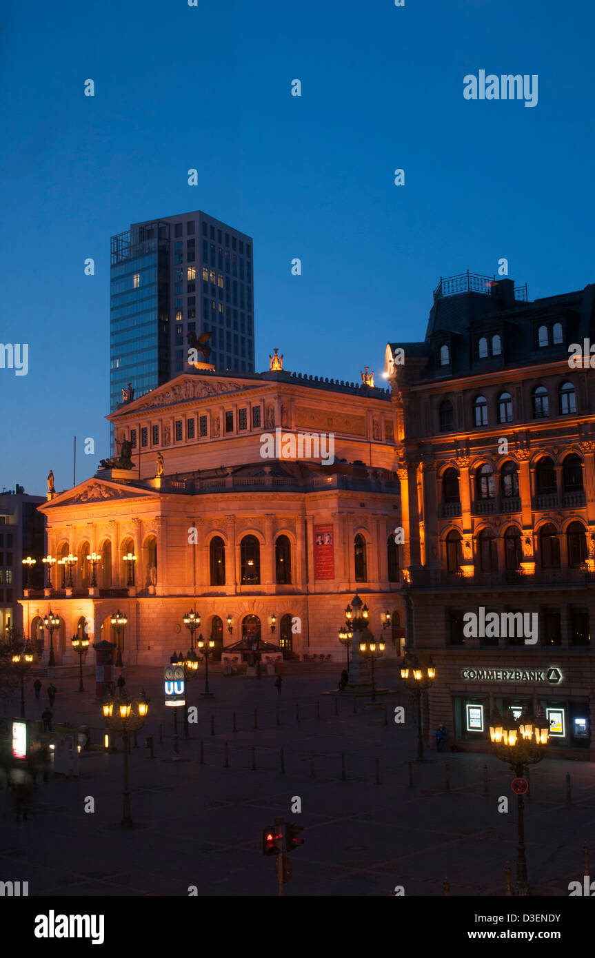 Alte Oper, Vorplatz, Frankfurt am Main, Germany, Opera House, beleuchtet, at night, magic hour Stock Photo