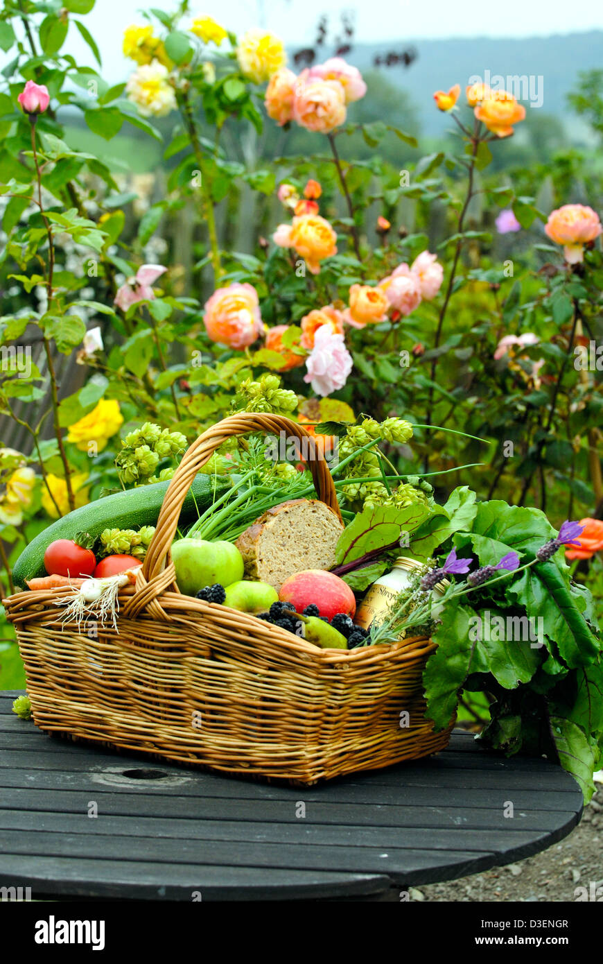 Fresh food in wicker basket in the garden of a Shropshire restaurant ...