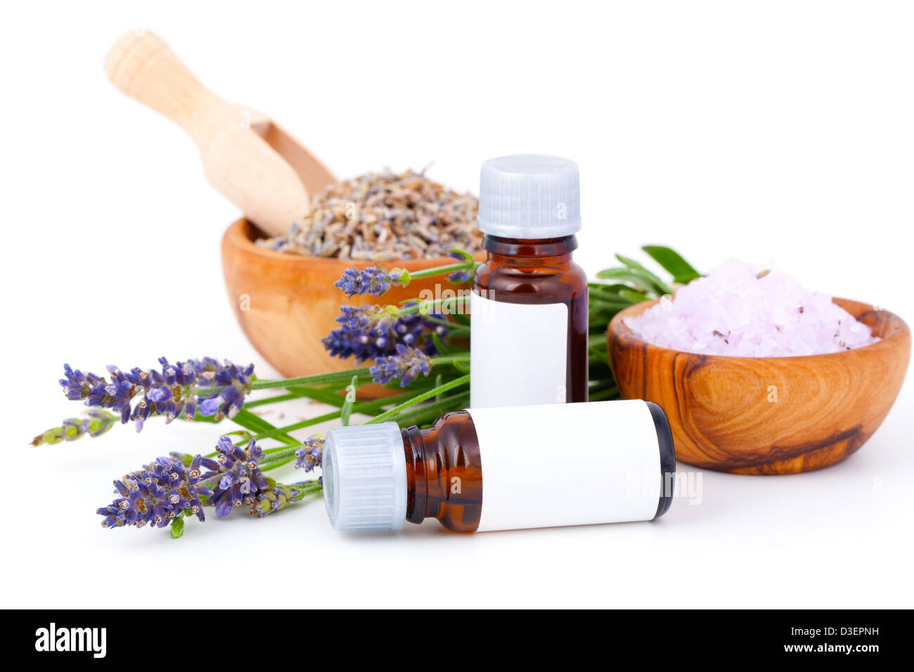 Lavender oil, lavender bath salt on white background Stock Photo