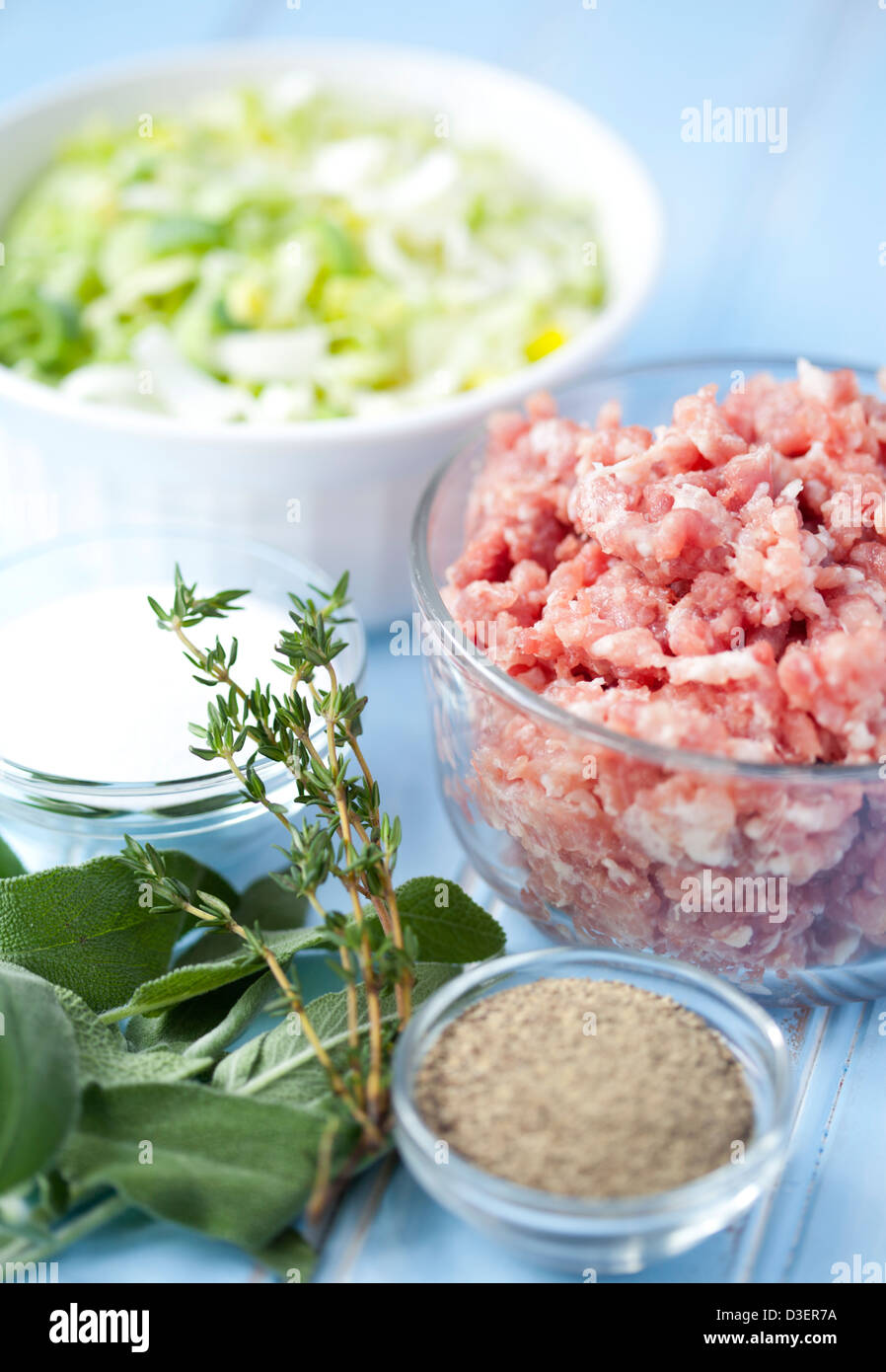 Ingredients of ground pork, leeks, sage and salt and pepper Stock Photo