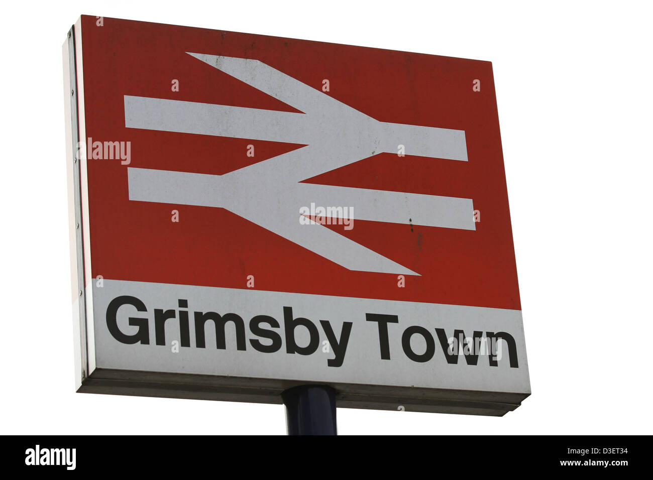 Grimsby in Lincolnshire, the railway sign for the fishing port of Great Grimsby Stock Photo