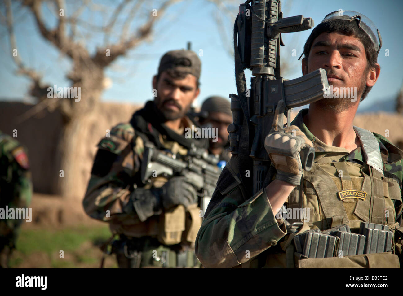 Afghan National Army Special Forces return from a combat patrol conducted February 17, 2013 in Herat province, Afghanistan. President Barack Obama announced during the State of the Union that half the US force in Afghanistan will withdraw by early 2014. Stock Photo