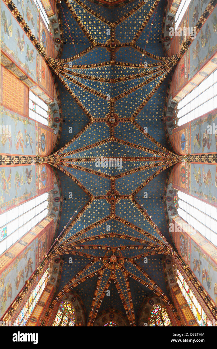 The ornate medieval ceiling of St Mary's Basilica (Mariacki Cathedral) in Kraków, Poland. Stock Photo