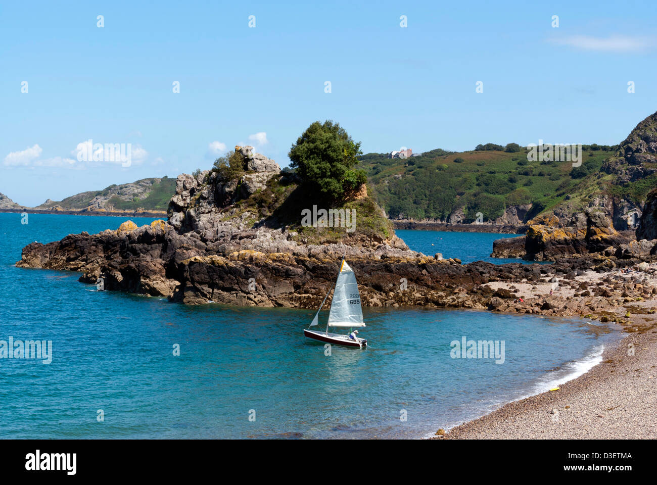 Dinghy sailing in Bouley Bay, Jersey, Channel Islands Stock Photo Alamy