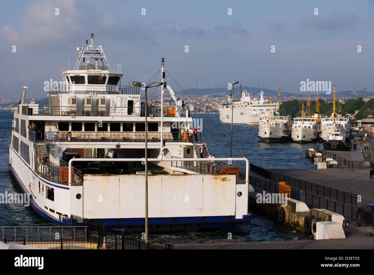 Passenger and car ferries docked at the port in Istanbul, Turkey. Stock Photo