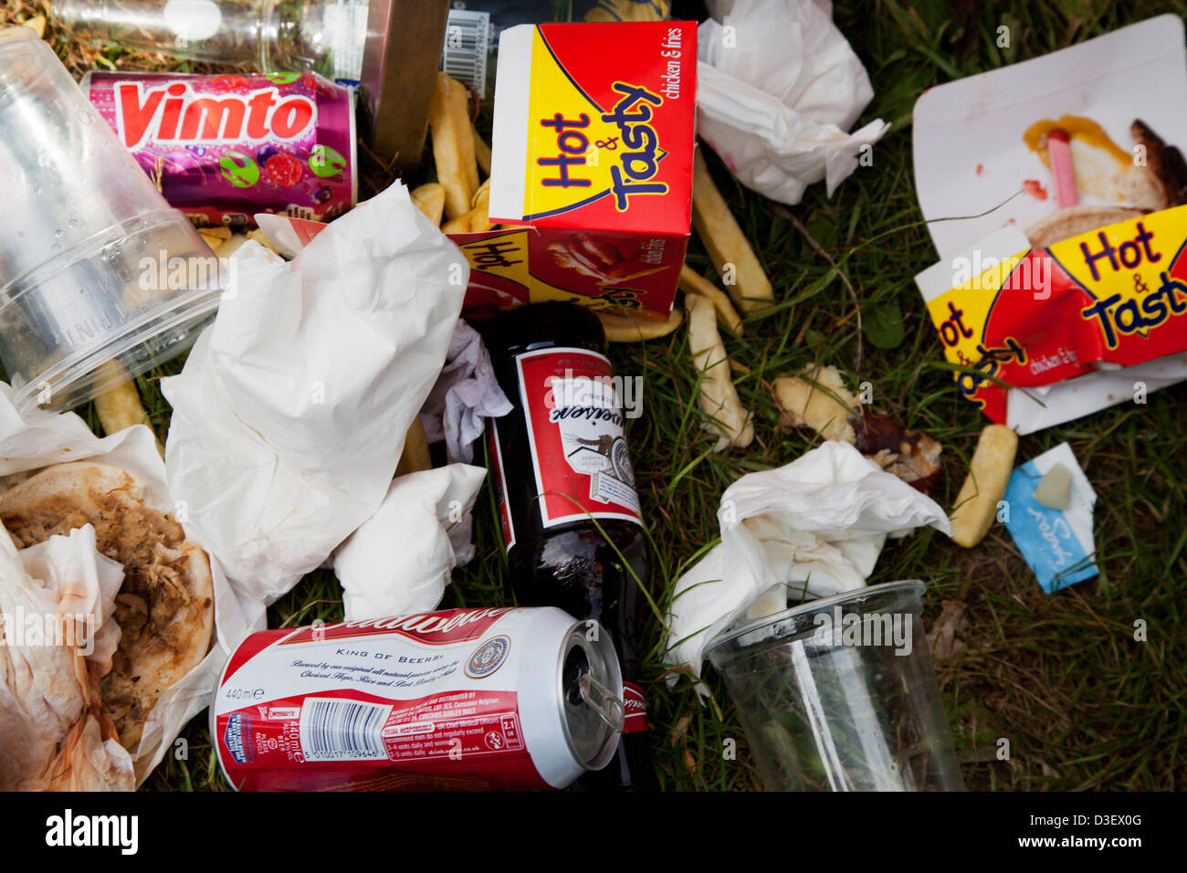 Rubbish on the ground at the food section of Epsom Racecourse, England