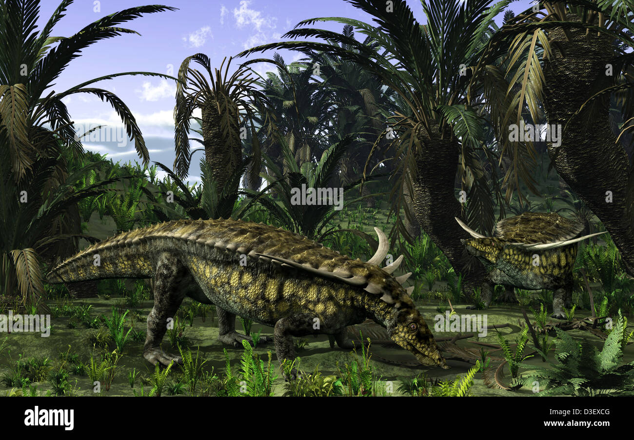 Desmatosuchus search for edible roots in a prehistoric landscape. Stock Photo