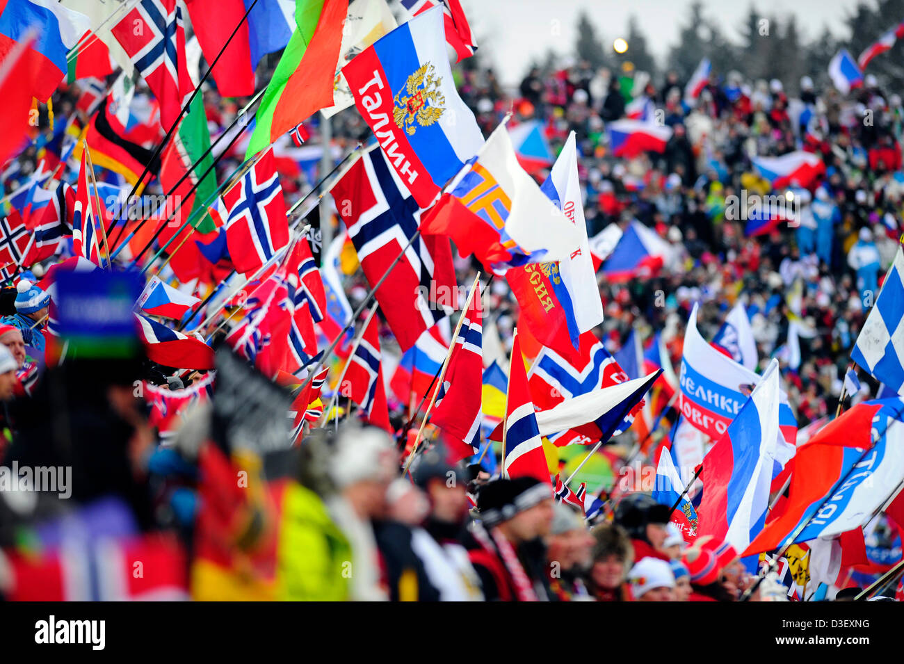 Fans during the men 15 km mass start race at the Biathlon World Championships in Nove Mesto na Morave, Czech Republic, Sunay, February 17, 2013. (CTK Photo/Lubos Pavlicek) Stock Photo