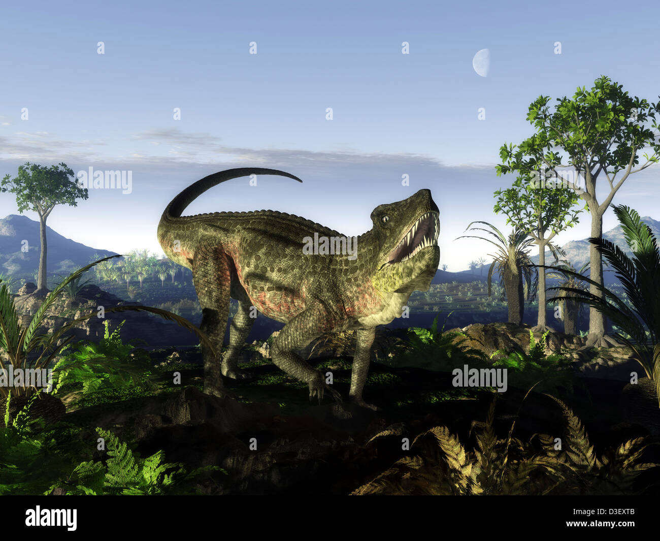 An archosaur of the genus Postosuchus wanders in a prehistoric landscape. Stock Photo