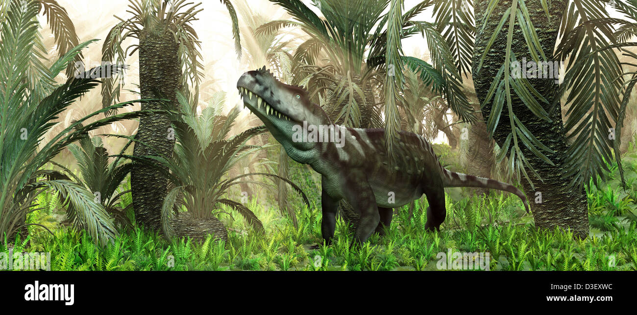An archosaur wanders amidst cycads and ferns in a prehistoric swamp. Stock Photo
