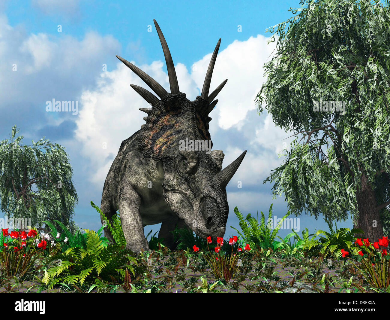 A Styracosaurus samples flowers of the order Ericales. Stock Photo