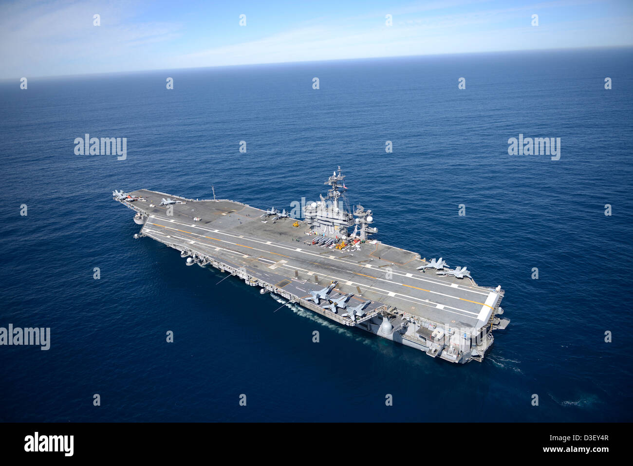 Aerial view of the US Navy Nimitz class super carrier USS Carl Vinson underway February 15, 2013 in the Pacific Ocean. Stock Photo