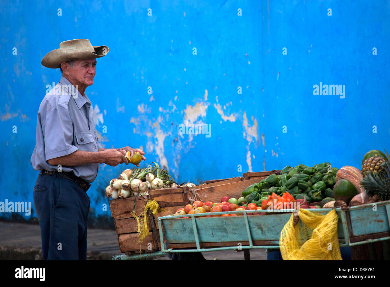 Cuban vendor selling fresh fruit and vegetables at market stall in Viñales, Cuba, Caribbean Stock Photo