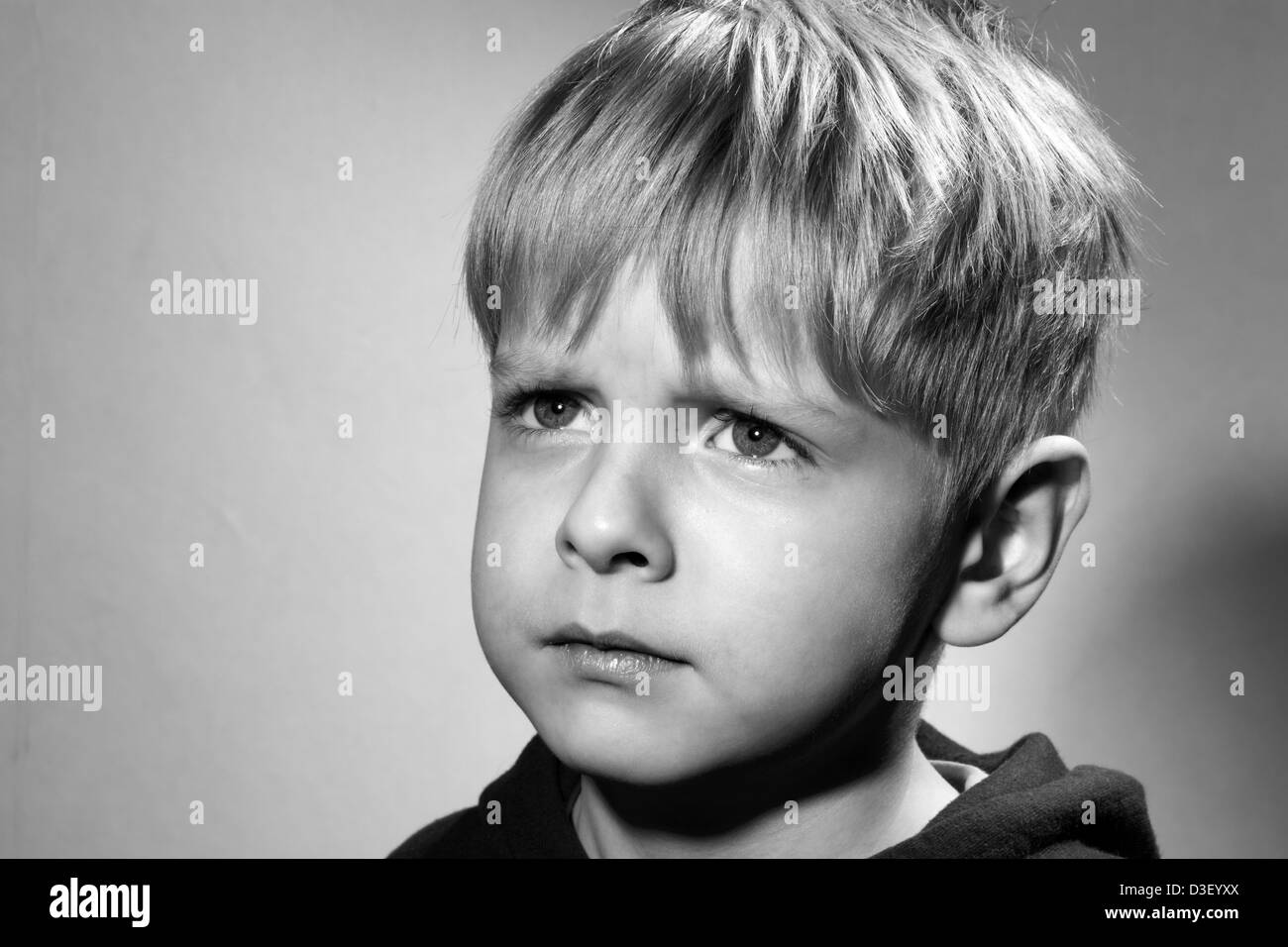 thoughtful little boy, black and white Stock Photo