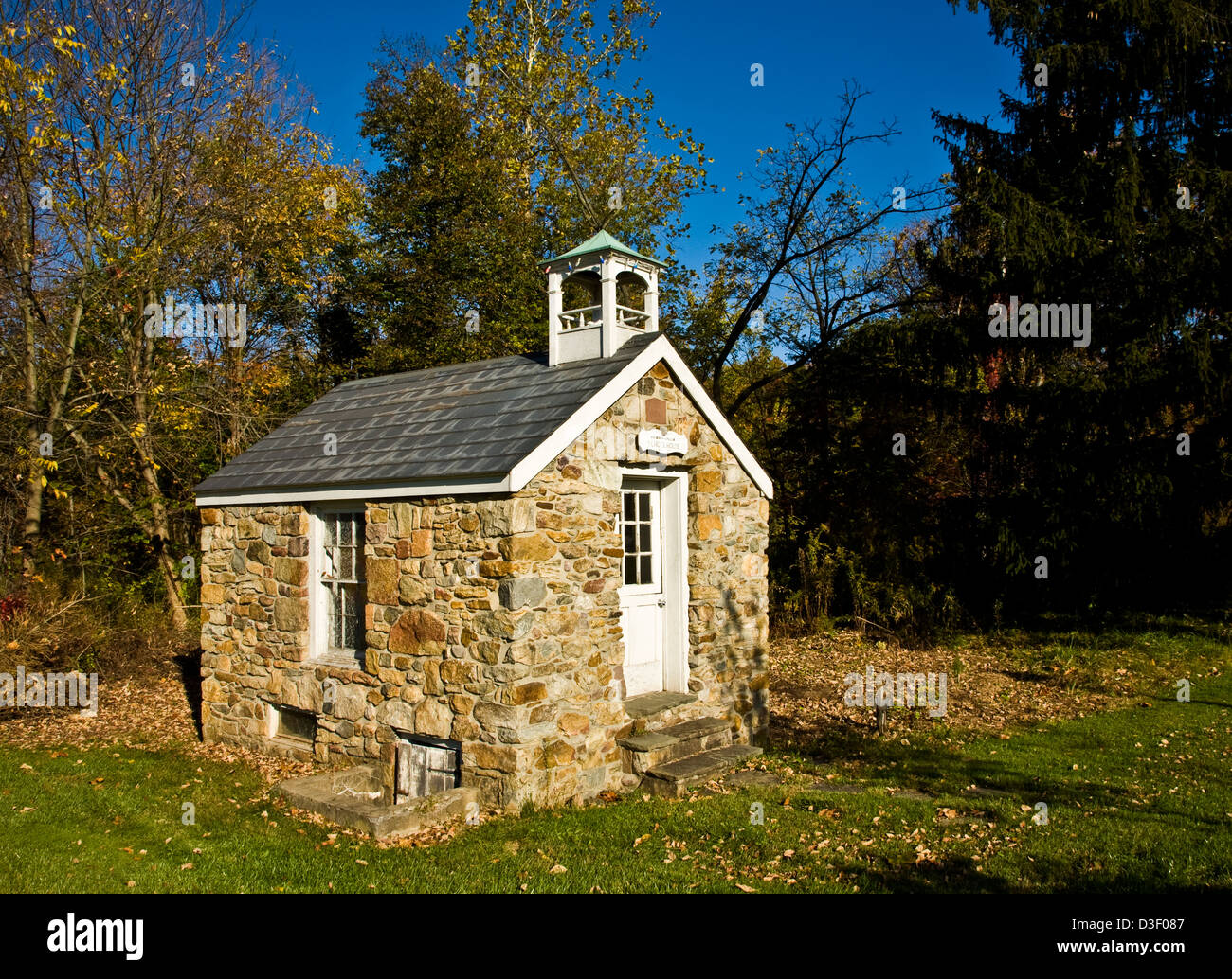 Historic Perryville one room schoolhouse exterior with a stonework exterior in Perryville, New Jersey, Hunterdon County,  NJ, USA historical images Stock Photo