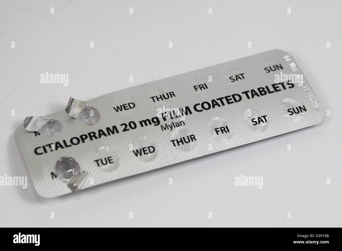 Part used blister pack of 20mg Citalopram anti depression tablets Stock Photo