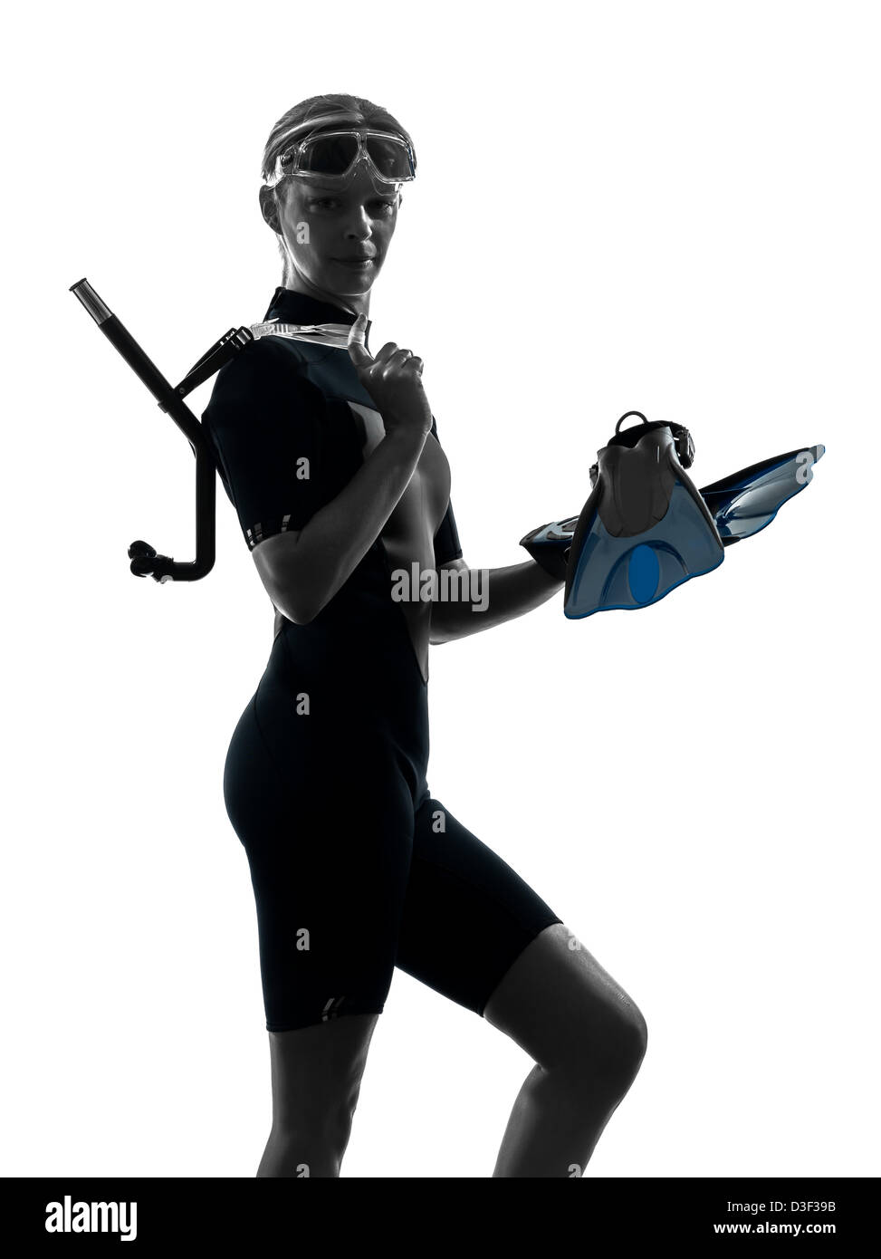 one  woman snorkeler swimmer in silhouette studio isolated on white background Stock Photo
