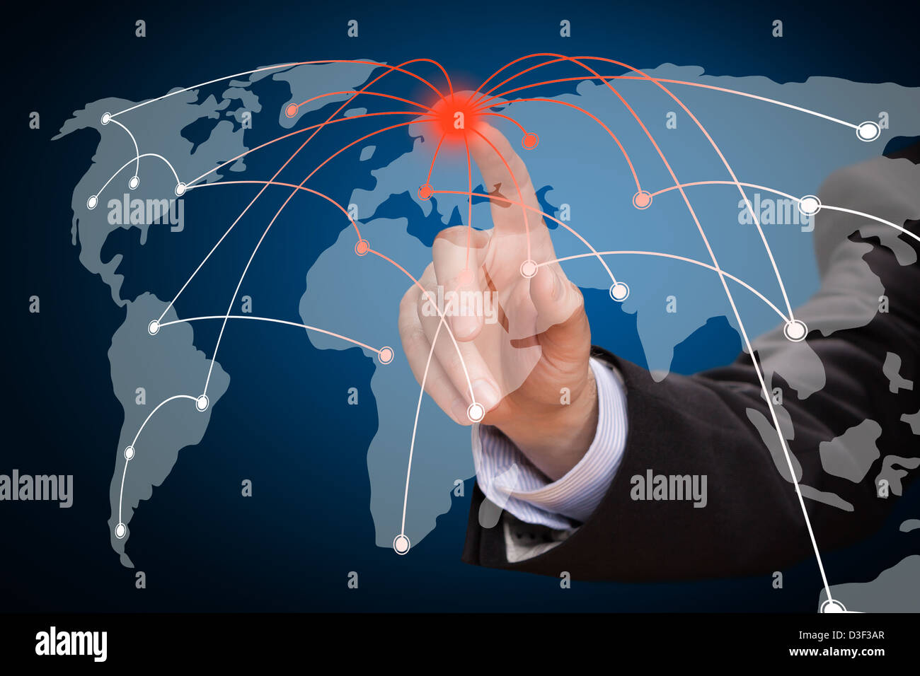 Business man touching world map screen. Social network. Stock Photo