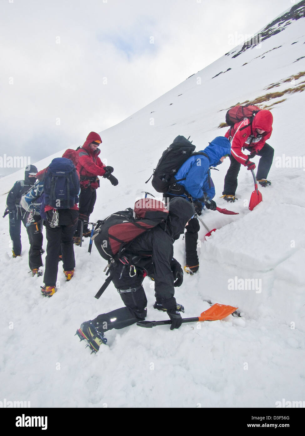 A group practicing Avalanche safety training on Aonach Mor near Ben Nevis, Fort William, Scotland Stock Photo