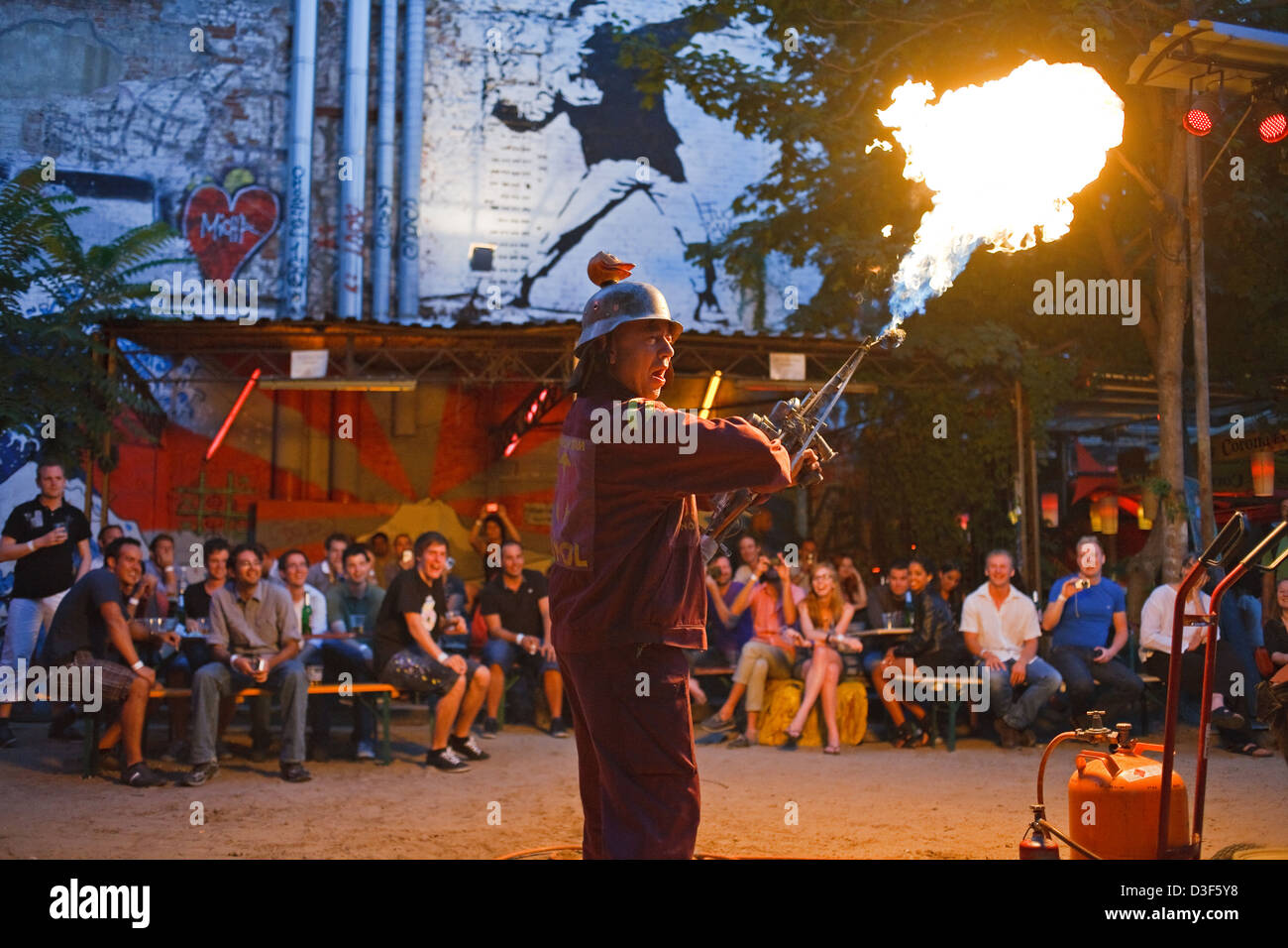 Berlin, Germany, the fire show Pyrofessor Mr. Logo Lard evening at Tacheles Stock Photo