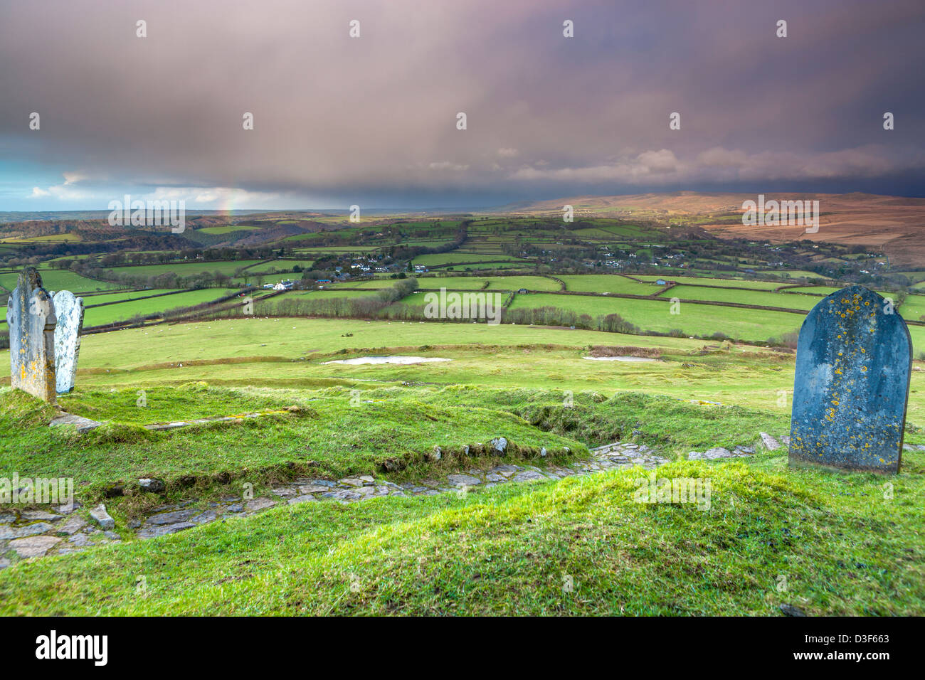 View from the Church of St Michael on top of Brent Tor over the rural Dartmoor landscape, Devon, England, UK, Europe. Stock Photo