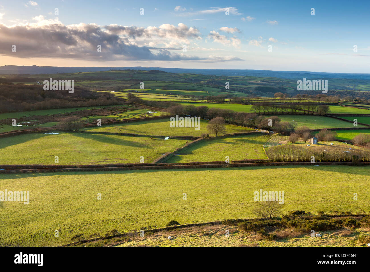 View from the Church of St Michael on top of Brent Tor over the rural Dartmoor landscape, Devon, England, UK, Europe. Stock Photo