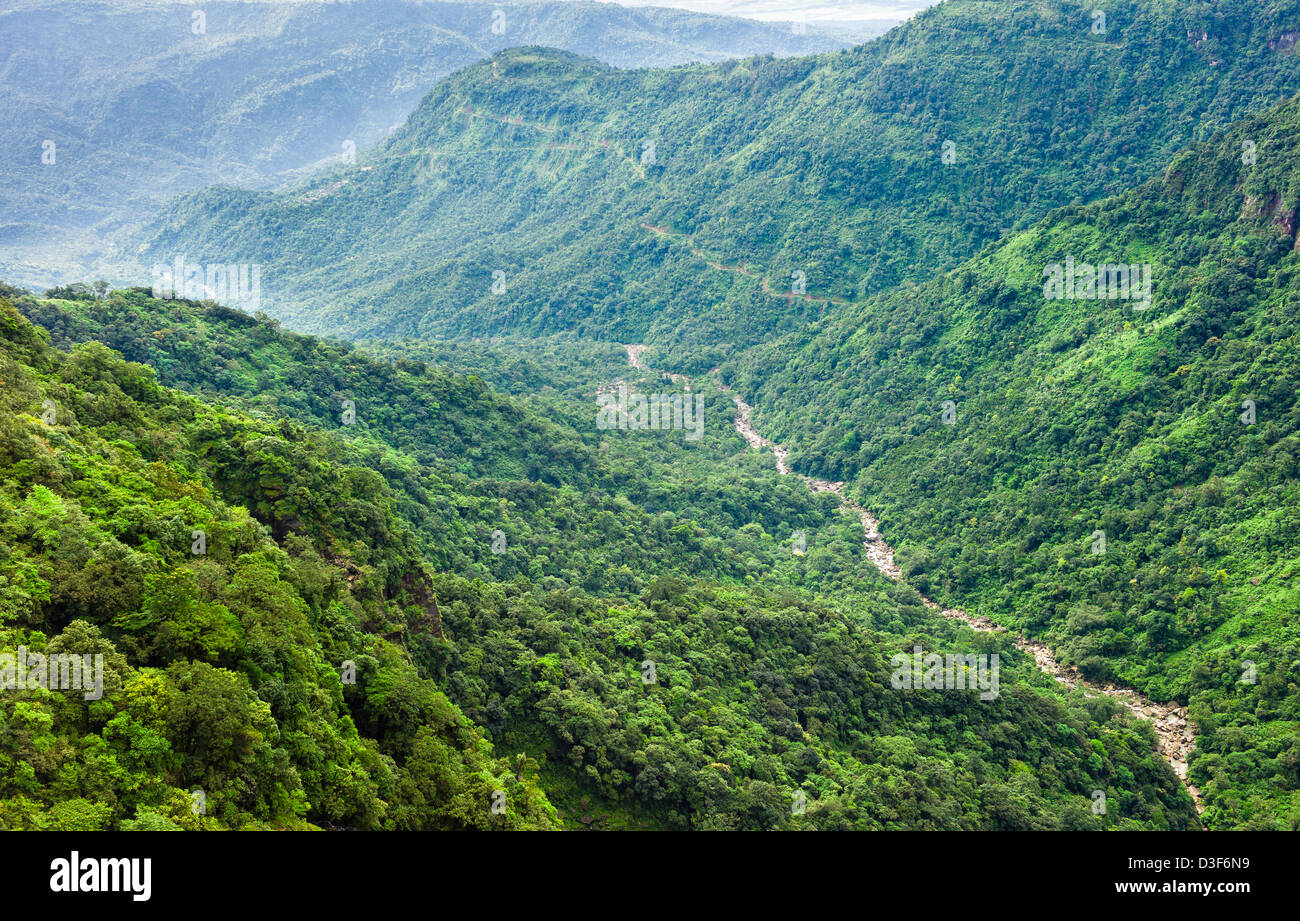 Khasi Hills, valley, and deep river gorge near the wettest place on earth, Cherrapunjee, near Shillong, Meghalaya, India. Stock Photo