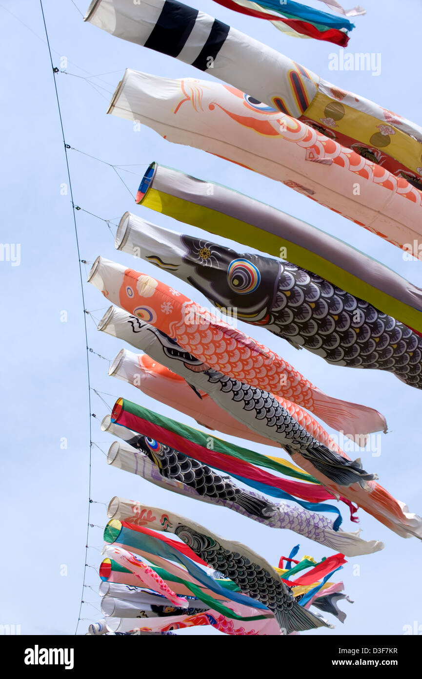 Colorful Japanese koinobori carp streamers for each family member wave in sunshine against a blue sky on Boy's Day, May 5th. Stock Photo