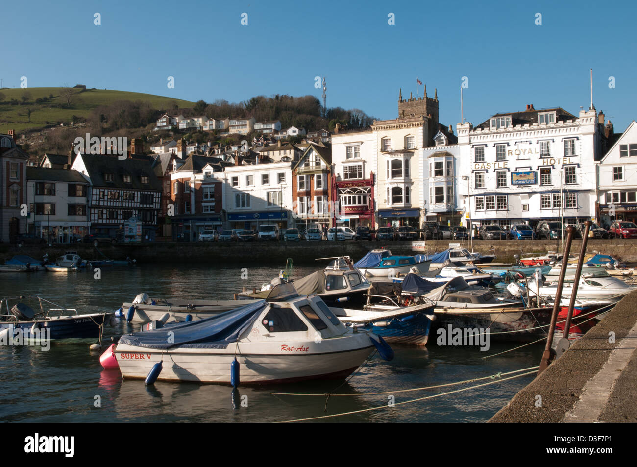 Dartmouth boat float looking towards The Castle Hotel and historic town